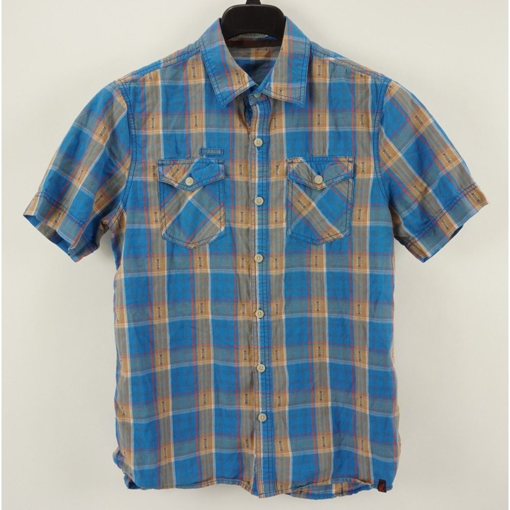 Gramicci Mens Small Short Sleeve Blue Cotton Southwestern Tartan Button Up Shirt